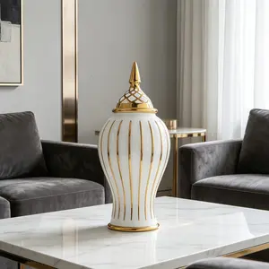 Luxury Ceramic Ginger Jar with Trim, Modern Lidded Urn for Home Decor, Glam Vessel for European & Middle Eastern Homes