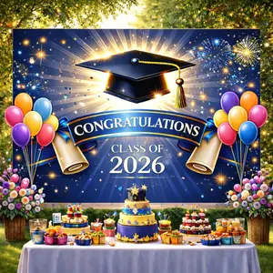 2026 Graduation Party Backdrop Banner, Royal Blue Gold Fireworks, Polyester Material, Ideal for Photoshoots, Parties, Celebrations, Graduation Party Decor, Grad Party Decorations