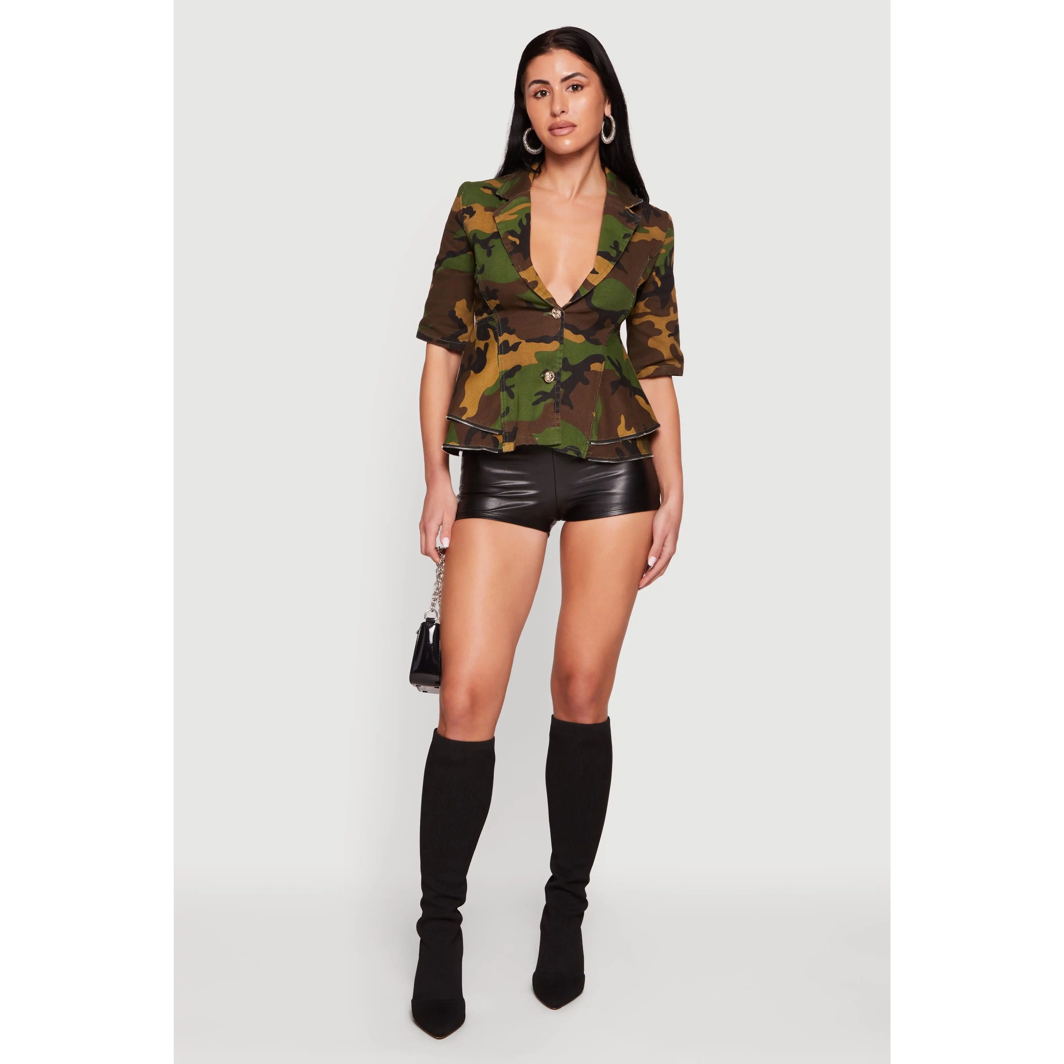 Camouflage Zipper Hem Button Front Denim Blazer