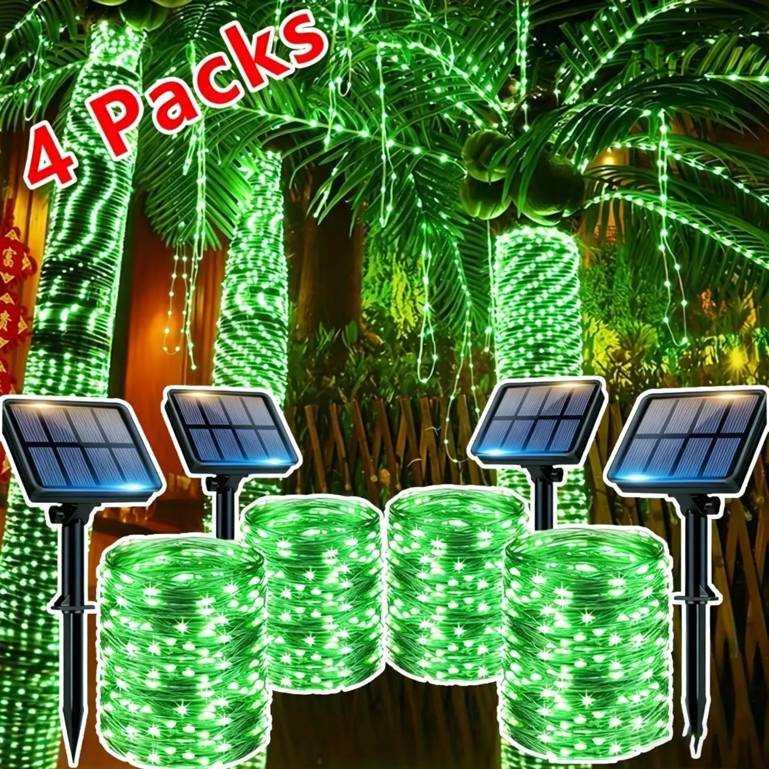 Outdoor Solar String Light Set (4 pieces, 12 meters per pack with 100 LEDs), IP44 waterproof rating, 8 color modes, suitable for villas, parties, trees, gardens, Ramadan, Valentine’s Day, Christmas, and wedding decorations.