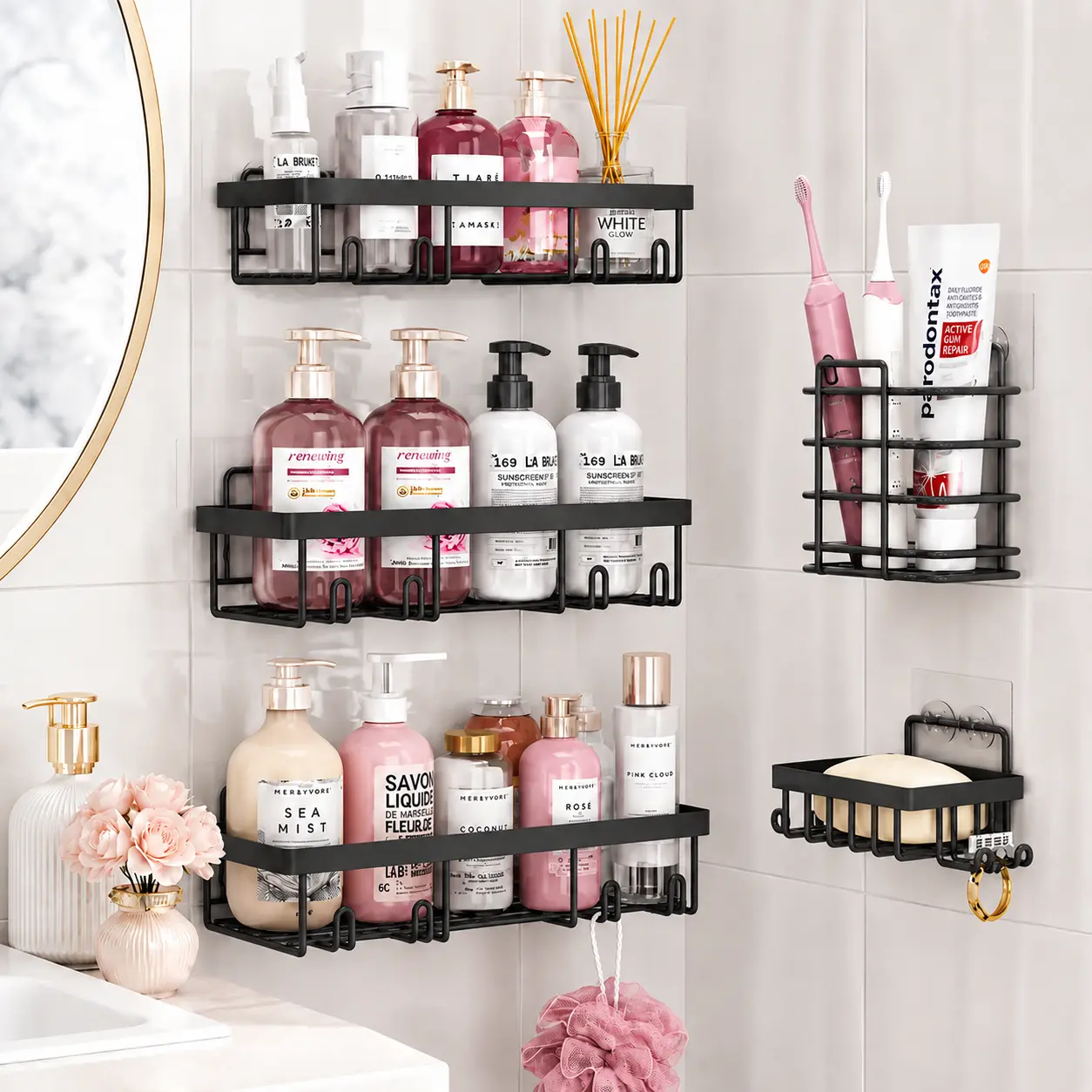 Black Stainless Steel Shower Caddy Boxed Set (5-Pack) - Adhesive Mount Bathroom Gadget, No-Drill Rustproof Waterproof Wall-Mounted Shower Organizer with Toothbrush Holder, Soap Dish, Space-Saving Shelves for Apartments, Home Goods