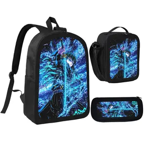 Demon Slayer Kimetsu no Yaiba Theme Backpack Three-Piece Set Student Backpack Pencil Case Lunch Bag Set for Fans