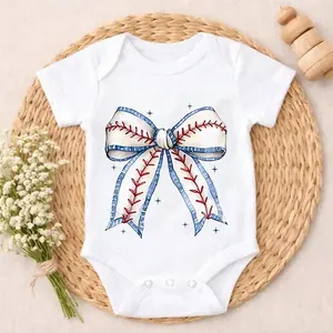 Baby Bodysuit  Baseball Bow Design With Stars Button Closure Infant Clothes Skin-Friendly Baby Shower Gift Soft Cotton Newborn & Infant Romper Outfit for Boys & Girls 0-24M