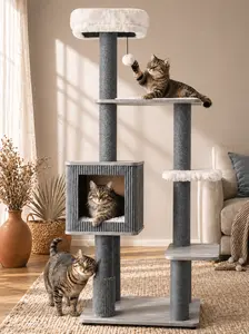 [On Sale] purrlato 60 Inch Premium Solid Wood Cat Tree Tower, Heavy Duty Aesthetic Industrial Modern Cat Furniture with FBA 3-Day Delivery, Extra Large Top Perch, Scratching Posts and Spacious Cat Condos summerwins