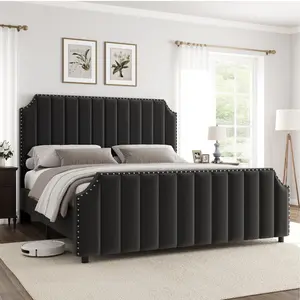 Bed Frame with Copper Nail Flannel Upholstered Headboard, Platform Bed Frame with Wooden Slats Support, No Box Spring Needed, Noise Free, Easy Assembly