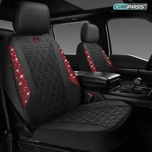 CAR PASS Oxford Bling Diamond Car Seat Covers 2 Front Interior Sets, Waterproof Shining Glitter Sparkly Crystal Universal Armrest Fit 95% Automotive Truck SUV Cute Women Girl, Black Red Rhinestone