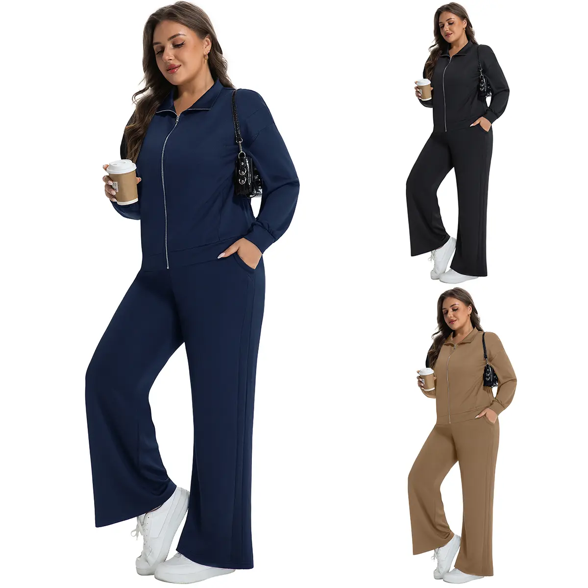 AUCICCOO Women's Plus Size 2-Piece Athleisure Sweatsuit, Zip-Up Sweatshirt & Wide Leg Sweatpants Tracksuit Set, Comfy Casual Fashion Lounge Set [1X-5X], Tracksuit Sets
