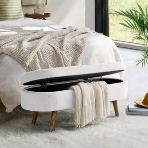 Niccae 43.5" Oval Storage Bench Linen Fabric Upholstered with Solid Wood Legs Soft Cushioned Stool for Living Room Bedroom End of Bed or Entryway