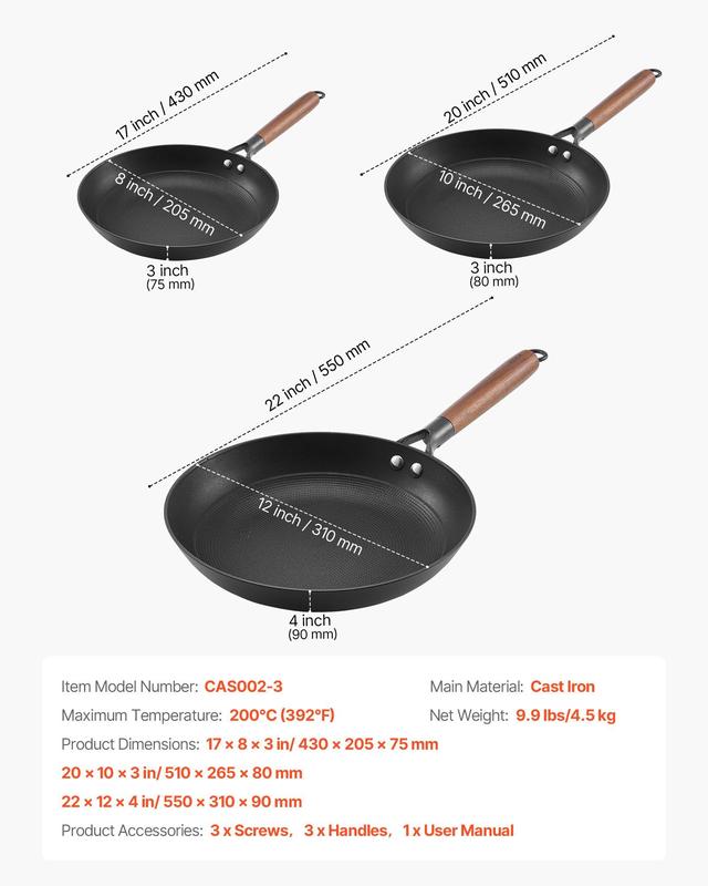 VEVOR 3 Piece Cast Iron Skillet Frying Pan Set 8 10 12 in Pre-Seasoned Nonstick Black Cookware