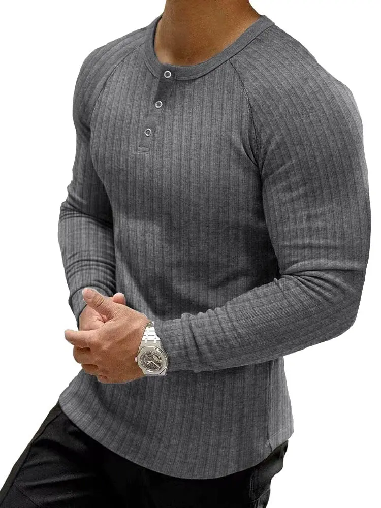 Muscle Cmdr Men's Ribbed Henley Collar Long Sleeve Slim Fit Muscle Shirt, Pure Cotton Warm T-Shirt, Casual Long Sleeve, Father's Day Gift Knitwear, TikTokShop Black Friday Thanksgiving Christmas Gift 2026 Summervibes
