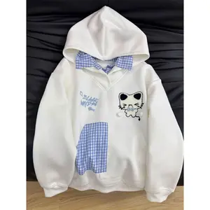 Girls' Patchwork Sweatshirt for Spring and Autumn 2025 New Model Children's Hooded Sweatshirt with Pockets, Girls' Faux Two-Piece Cartoon Embroidered Hooded Top