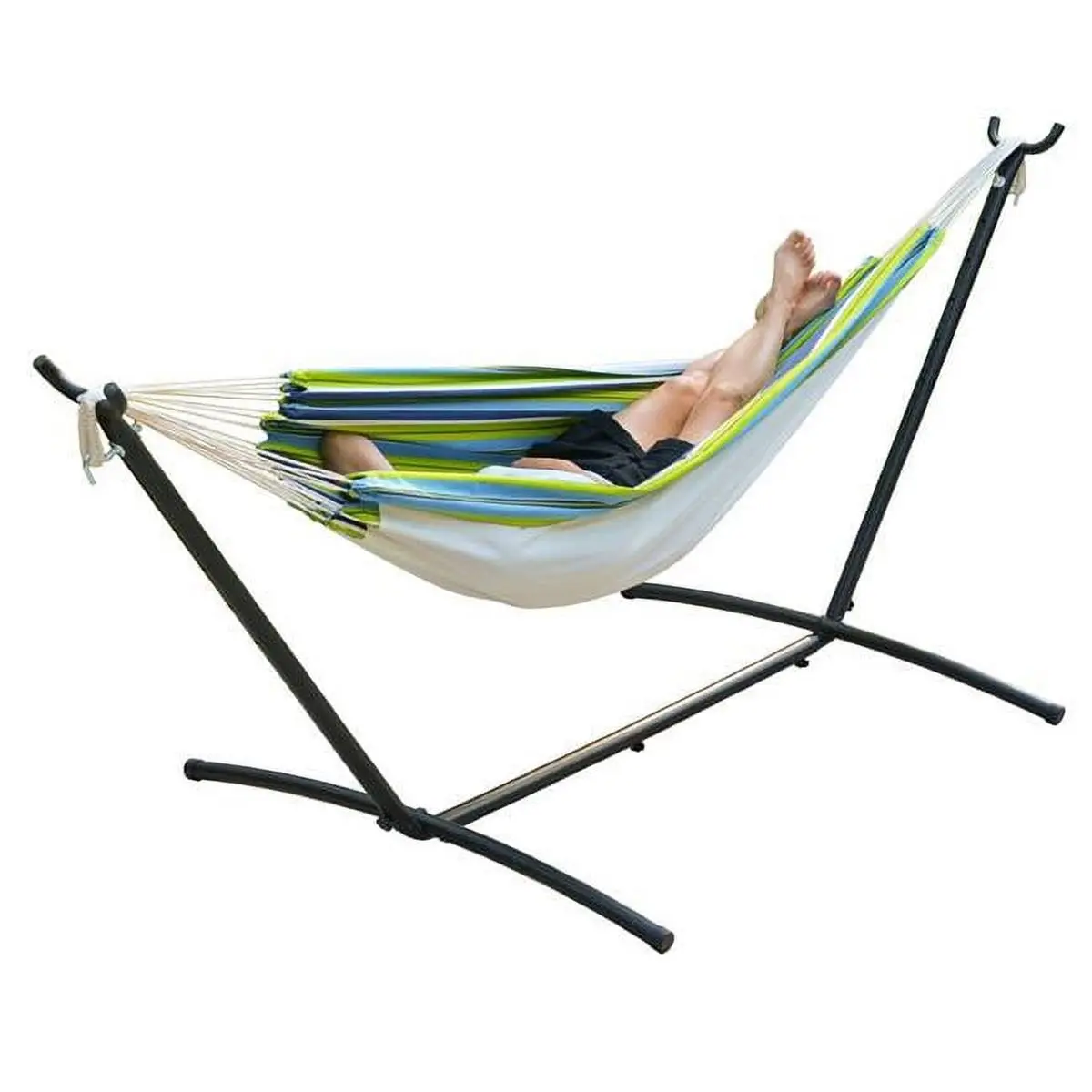 Algoma Unisex Portable Off-Ground Camping Hammock - Foldable Frame, Adjustable Stand, Polyester Fabric, Space-Saving Carry Bag, Blue & Green, for Porch, with Portable Setup, Outdoor