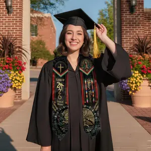 Custom Mexico Graduation Stole Class of 2026 Personalized Name School Cultural Catholic Black Gold Graduation Sash