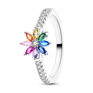 MULA Rainbow Flower Ring | Silver-plated, White Gold Plated, and Zirconia | Vibrant, Colorful Petals with Sparkling Stones | Hope and Positivity Symbol | Perfect Gift for Her