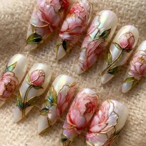 Hand Painted Peony Stained Glass Press On Nails, Gold Chrome Floral Almond Manicure, Nail Art Kit Nail Box – FASTSHIPPING