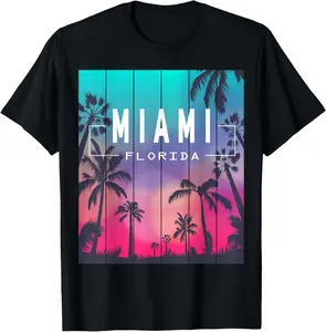 100% Cotton Miami Florida Sunset - I Love Miami Beach Souvenir T-Shirt