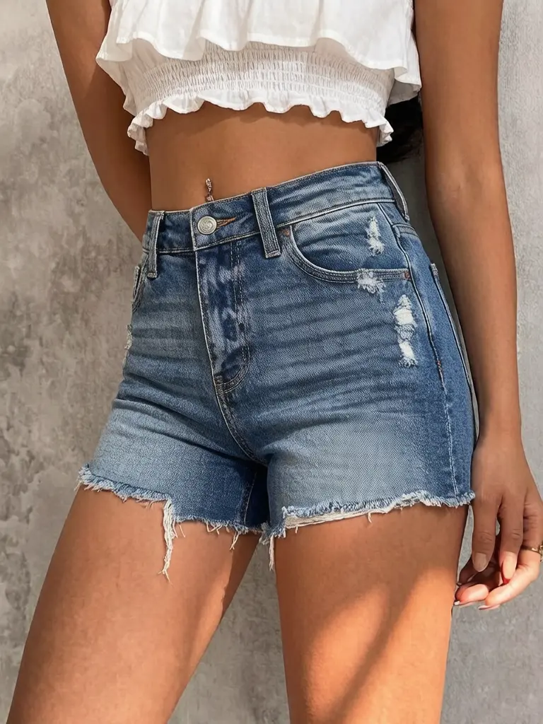 Y2K Vintage Distressed Cutoff Jean Shorts Women Mid Rise Destroyed Ripped Denim Shorts Raw Fringe Hem Summer Casual Outfit