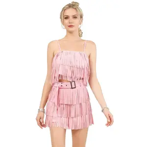 Pink Fringe Party Set for Women – Spaghetti Strap Top + Mini Skirt with Belt