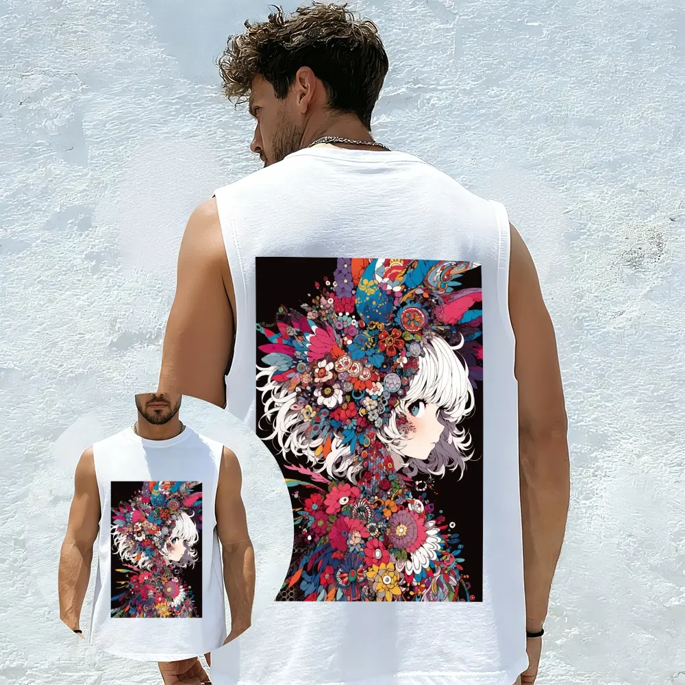 Men's Japanese Ukiyo-e Anime Art Print Crewneck Tank Top, Samurai Geisha Graphic Sleeveless Tee, Soft Breathable Cotton Summer Undershirt