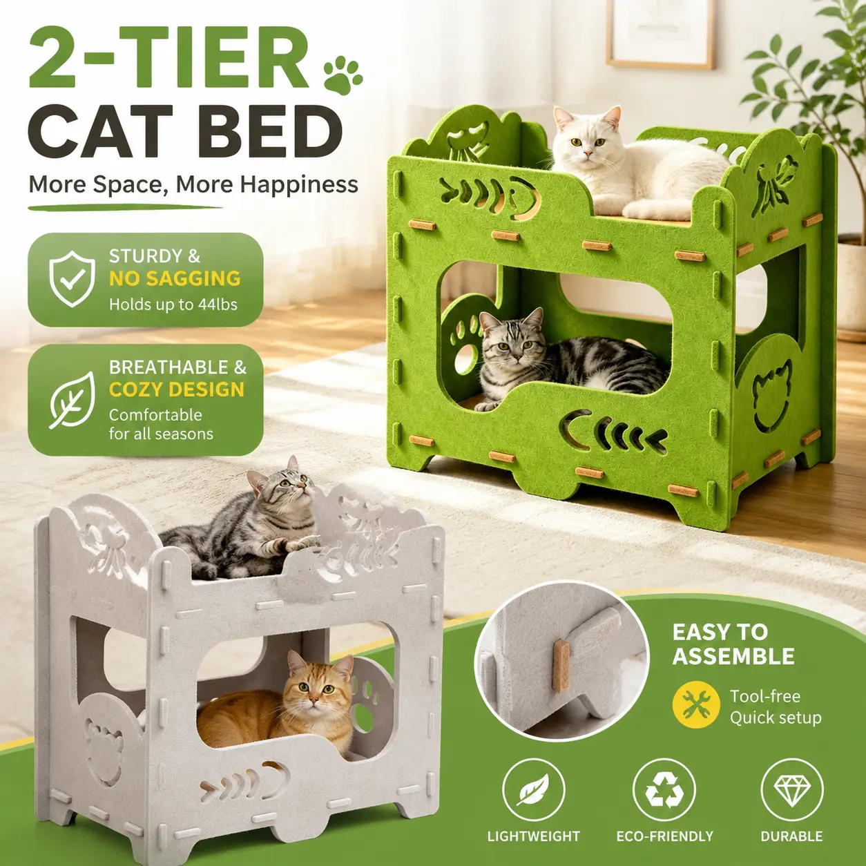 [MeynnPet] 2-Tier Cat Bed for Indoor Cats, Cozy Felt Cat Condo with Double Layer Design, Sturdy & Breathable Cat House