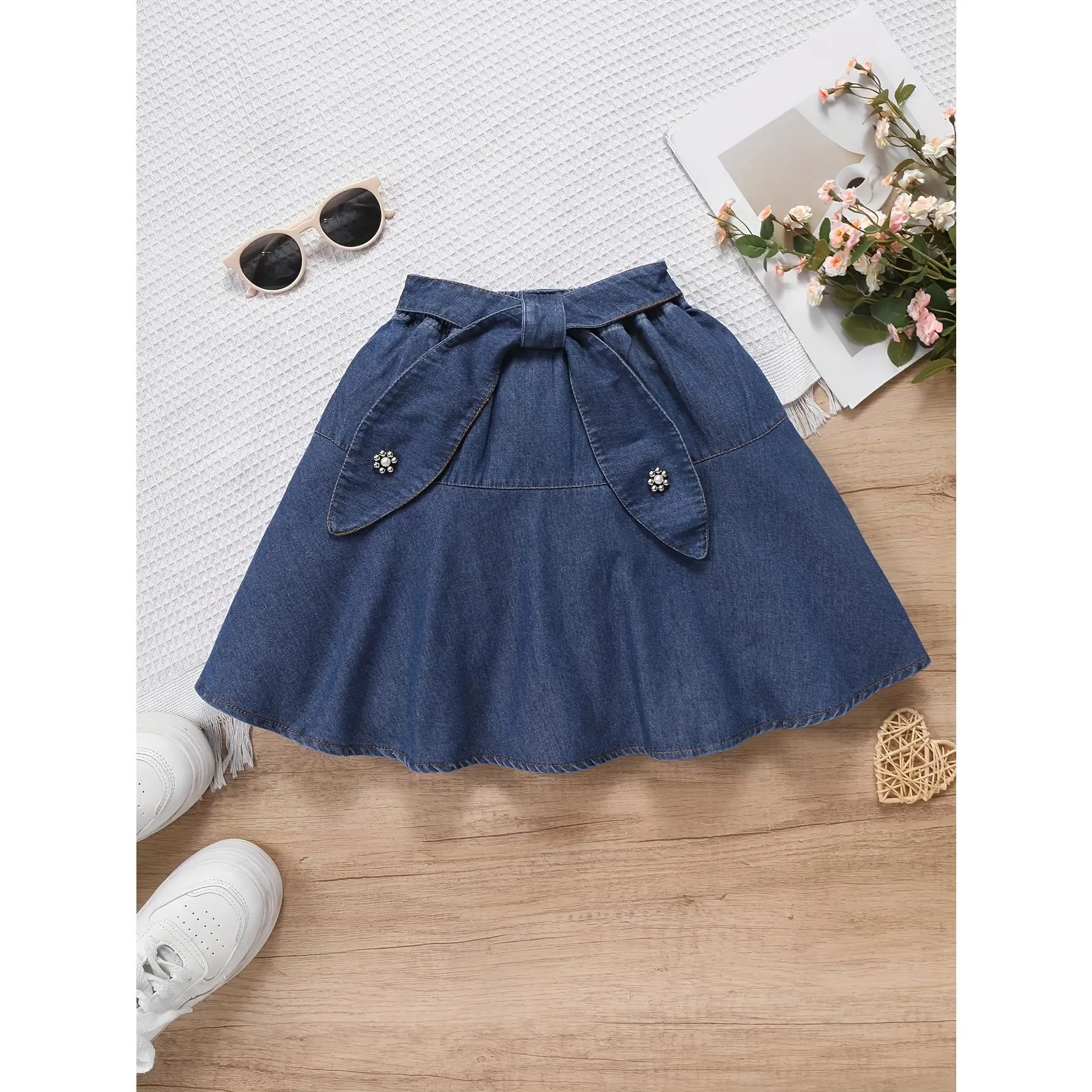 Girls' Denim Short Skirt Spring and Autumn Style Sweet Bow Belt A-line Skirt Children's Fashionable Half Skirt