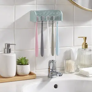 2-Pack Wall-mounted Toothbrush Holder for Bathroom with Lid 5-slot Storage Organizer Self-adhesive Hanger for Shower Rooms Dormitories and Cupboards Blue Cover Hangable