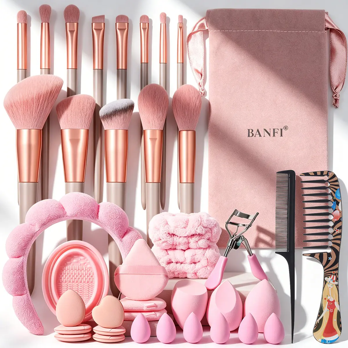 All In One Pink Beauty Kit Complete Makeup Brush Set Synthetic Soft Brushes Makeup Sponges Hair Accessories Eyelash Curler Hair Combs With Velvet Storage Bag For Beginners Daily Makeup Travel Beauty Tools