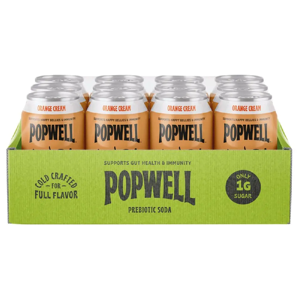 Popwell Orange Cream Caffeinated Prebiotic Soda - Better-For-You, 6g Fiber, 1g Sugar, Vitamins, Immunity Support, 12 fl oz Cans (Pack of 12)