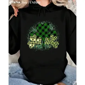 Four-Leaf Clover Casual Hoodie for Women – Mixed Pattern, Long Sleeve Relaxed Fit