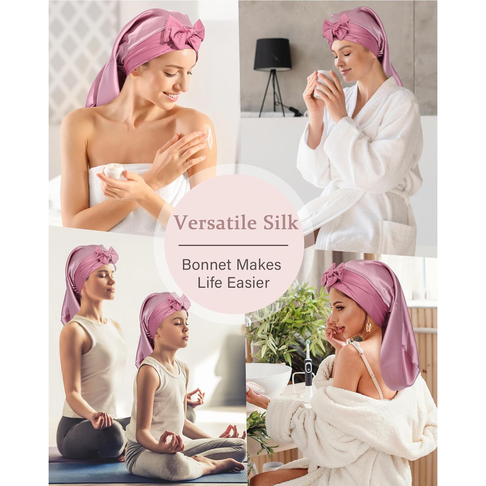 AWAYTR 100% Mulberry Silk Bonnets Long Hair Bonnets Ladies Tie Band Nightcap for Sleeping Haircare Hair Wrap for Braids Curly Hair Gifts Pink Black Headwear AWAYTR 100% Mulberry Silk Bonnets Long Hair Bonnets Ladies Tie Band Nightcap for Sleeping Haircare Hair Wrap for Braids Curly Hair Gifts Pink Black Headwear