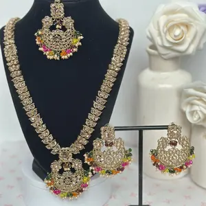 Bollywood Polki Long Mala Necklace Set with Colorful Gemstone Accents and Matching Earrings