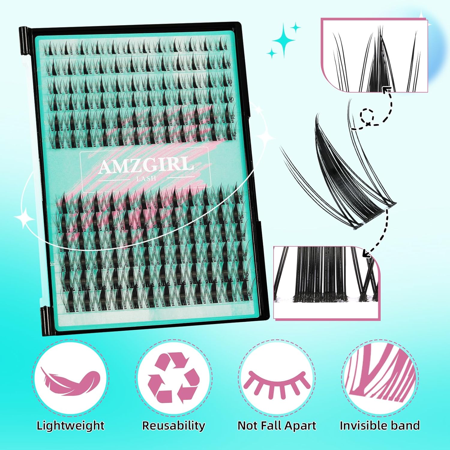 【Buy One Get One Free】AMZGIRL LASH DIY Lash Extensions Kit 144pcs Midnight Waterproof Eyelashes Makeup Cosmetic Set with Bond Seal Remover Applicator