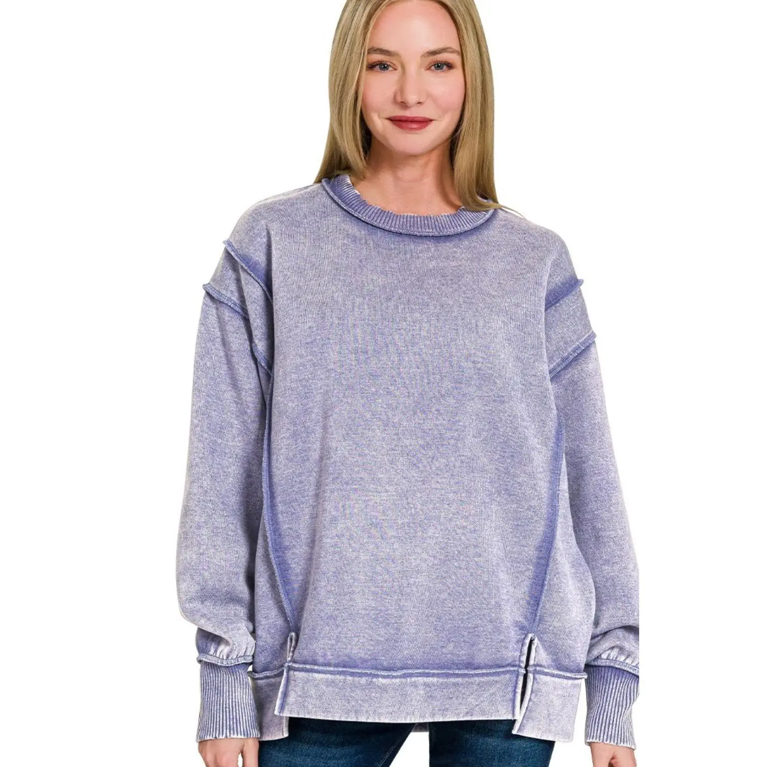 Zenana Acid Wash Exposed-seam Fleece Sweatshirt
