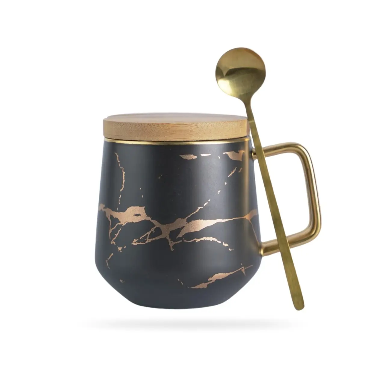 W&S Classics Ceramic Kintsugi Style Black Coffee Tea Mug with Gold Inlay, Spoon and Bamboo Lid- 12 OZ, Large Mugs for Men and Women, Dishwasher Safe - Non-Customized Classic Drinkware Cup Reusable