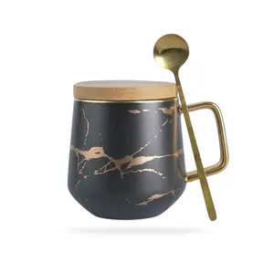 W&S Classics Ceramic Kintsugi Style Black Coffee Tea Mug with Gold Inlay, Spoon and Bamboo Lid- 12 OZ, Large Mugs for Men and Women, Dishwasher Safe - Non-Customized Classic Drinkware Cup Reusable