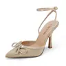 DREAM PAIRS Women's Destiny Rhinestone-Wrap Strap Flare High-Heel Pumps - Women's Shoes for Party, Going Out Look, Formal Wedding, Pointed Toe, Rubber Sole, Latex Cushion, Bow Detail, Gold Metallic Sparkly Summer Footwear