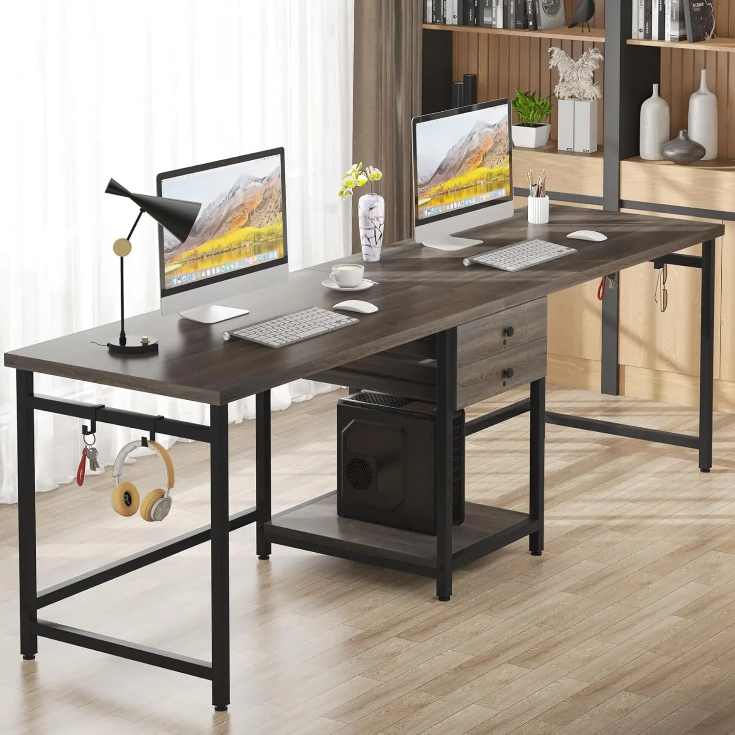 LITTLE TREE 79 Inch Extra Long Desk, Double Desk with 2 Drawers, Two Person Desk Long Computer Desk with Storage Shelves, Writing Table Study Desk for Home Office