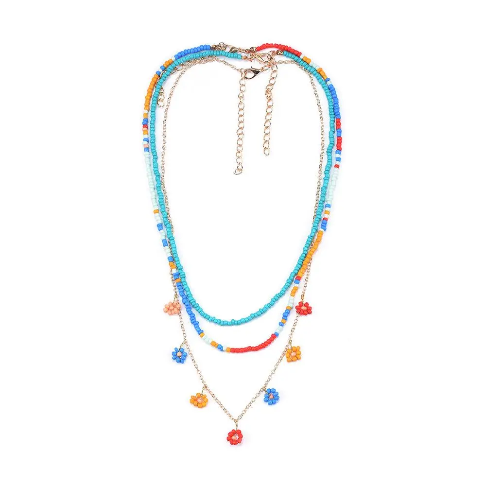 Bohemian Double Layer Colorful Seed Bead Daisy Charm Necklace Handmade Beaded Chain Summer Coastal Accessory