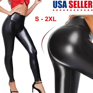 Women PU Leather Leggings Casual High Waist Pencil Trousers - Soft Athletic Workout Tight Plush Lined Stretchy Warm Fitness Pants For Yoga Or Casual Wear - All Season Apparel
