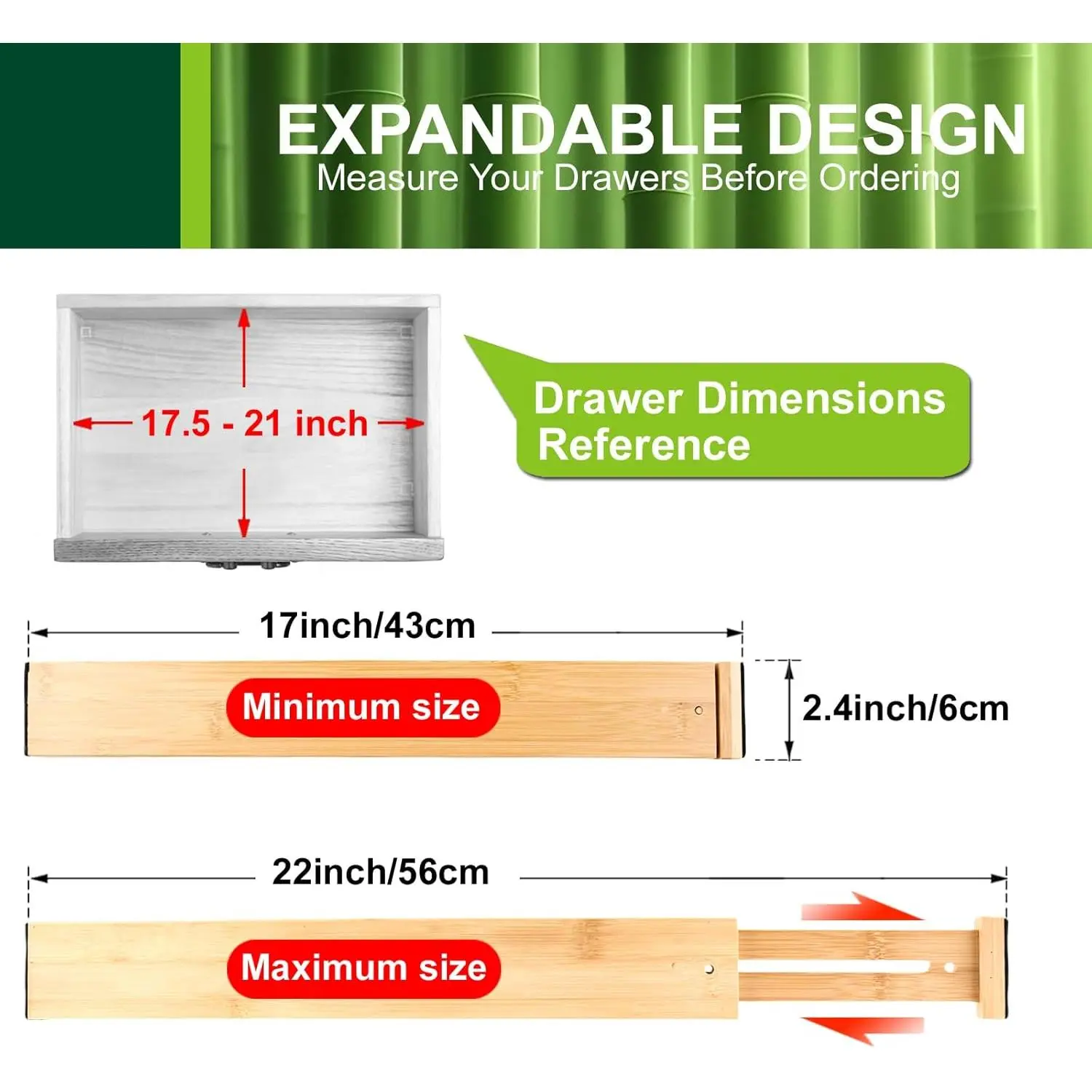 Kitchen Drawer Dividers, Adjustable Bamboo Drawer Organizer (17-22"), Expandable Utensil Organizer for Kitchen Storage, Closet, Dresser (4 Pack)