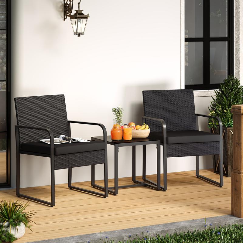 Gizoon 3 Pieces Patio Bistro Sets Outdoor Rattan Conversation with Glass Table Wicker Furniture Set with Cushion for Backyard Porch Poolside Lawn