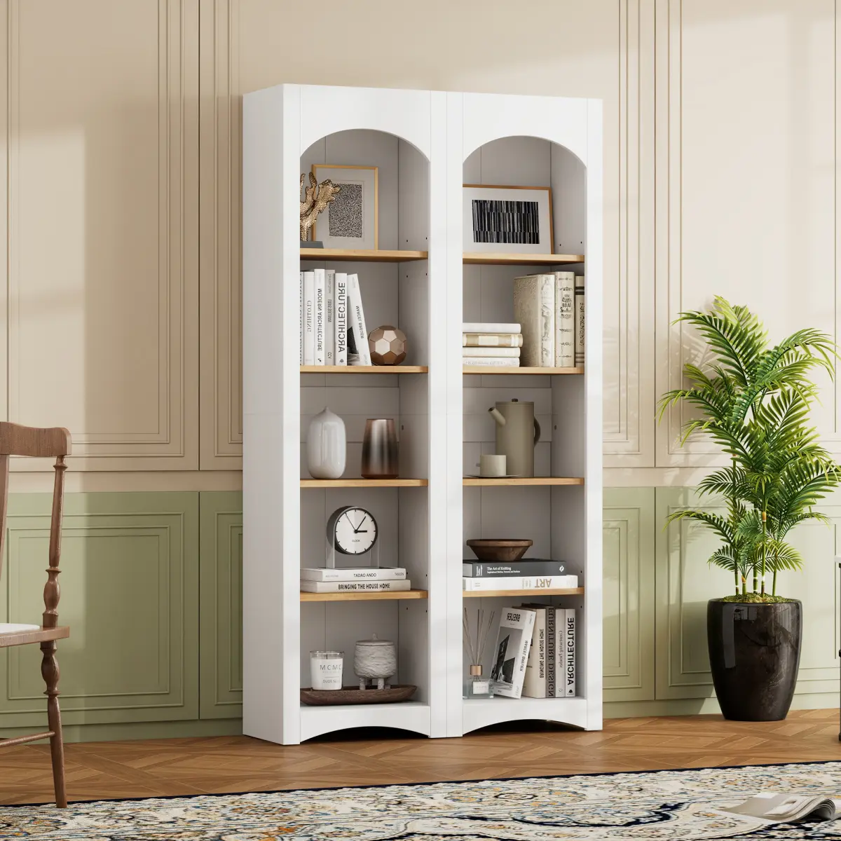 2-Tone Farmhouse 5-Tier Particle Board Bookshelves (Set of 2, 8 Shelves) - Wood Grain 72" Height Modern Free Standing Furniture, 112.60 lbs Capacity, Adjustable Shelves, 39.30"L x 12.40"W x 72.00"H, Assembly Required for Living Room, Home Office, Space Sa