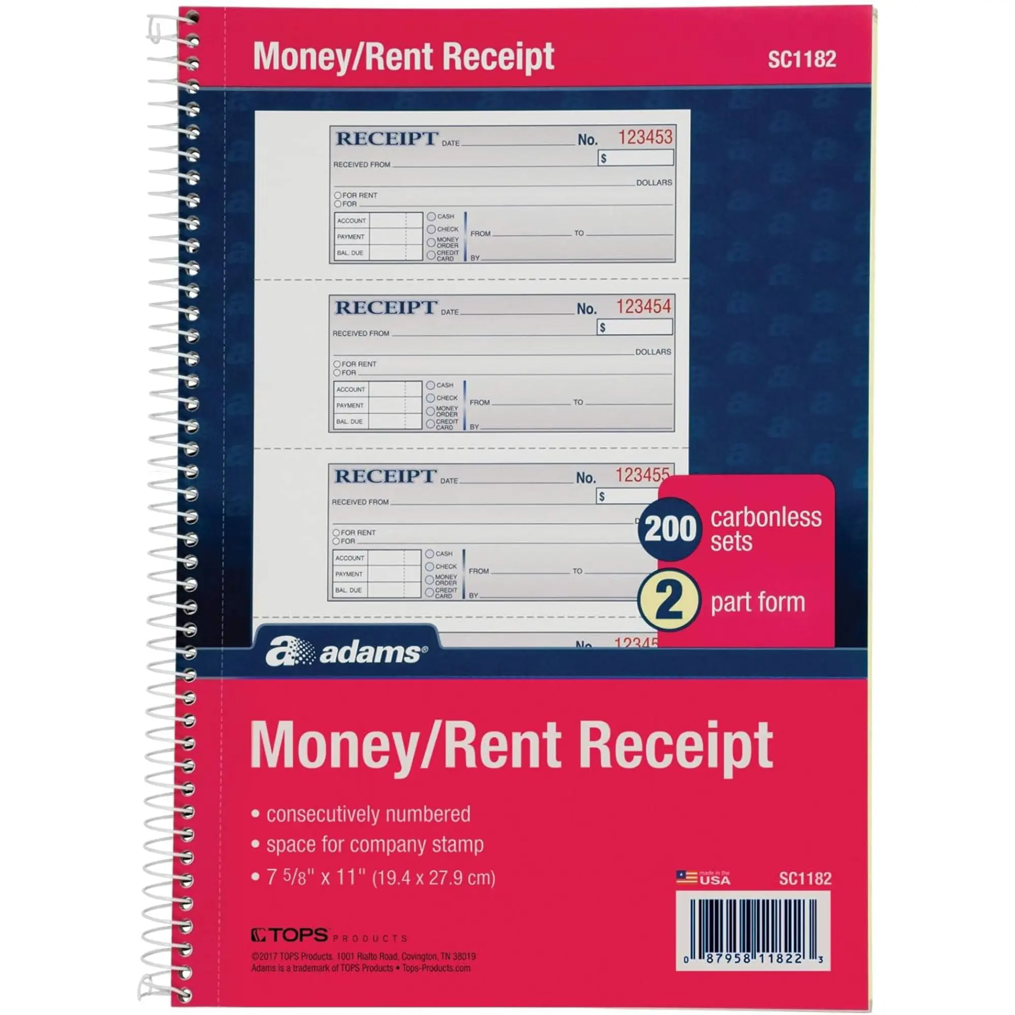 Adams Money and Rent Receipt Book, 2-Part Carbonless, 7-5/8" x 11", Spiral Bound, 200 Sets per Book, 4 Receipts per Page (SC1182), White/Canary