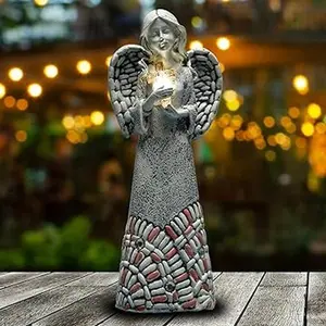 Patio Decor Gifts for Women Cemetery Backyard Lawn Yard Decoration Take The Lighting Cross Praying Wings Angel Figurine Ornament Angel-Garden Statues
