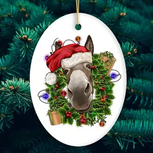 Merry Donkey Christmas Ornament, Ceramic Tree Decoration, Funny Gift - Circle/Star/Heart/Oval Shape
