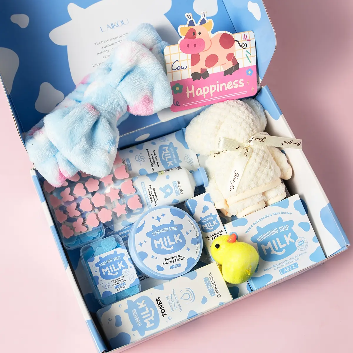 Gift Box, Greeting Card, Hair Scrunchie, Hair Clip, Bear Towel, Cleansing Bar, Toner, Rollerball Eye Serum, Acne Patches, Clay Mask, Hydrating Sheet Mask, Body Scrub, Hand Wax, Hand Cream, Hand Sanitizing Soap Sheets, Bodycare Set, Gift Bundle Set