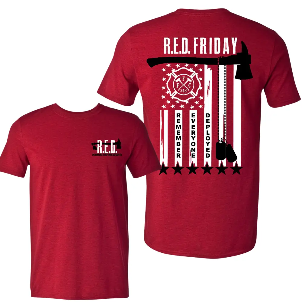 R.E.D Friday Firefighter T-Shirt, Remember Everyone Deployed Patriotic American Flag Graphic Tee, Soft Cotton Blend Shirt, Military Support Apparel for Men & Women