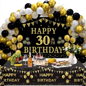 30Th Birthday Decorations Women Men - Black Gold Happy 30Th Birthday Banner, 2 Pcs Birthday Tablecloth, 60 Pcs Latex Confetti Balloons, 30 Years Old Bday Party Supplies Gifts Ideas Him Her