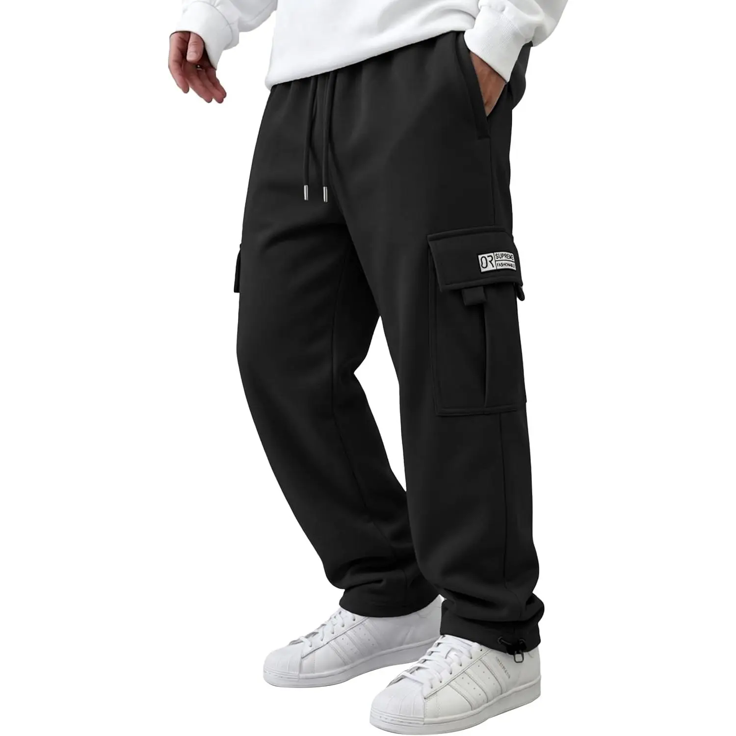 HUNGSON Men's Plain Stylish Cotton Blend Cargo Pants - Mid Waist Activewear, Drawstring Elastic Waist, Loose Straight, Pocketed for Casual Wear, Gym Use, Loose Fit, Baggy Adjustable Men's Pants, Machine Washable, Menswear