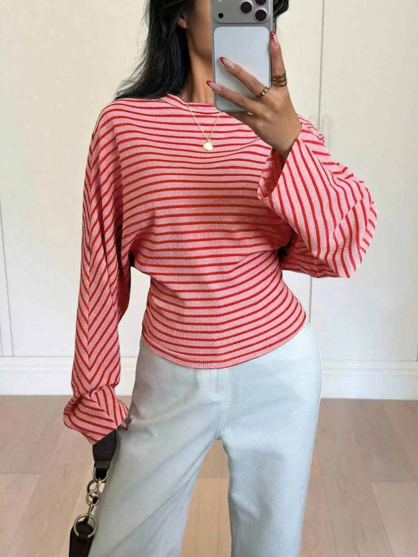 Striped Round Neck Batwing Sleeve T-Shirt for Women, Waist Cinch Waffle Knit Casual Top Design, Soft Comfortable Versatile Everyday Wear Style, Effortless Street Look Trending Now, Relaxed Modern Silhouette